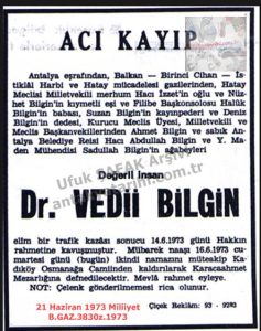 Eski Hatay Milletvekili Vedi BİLGİN Vefat Etti-21 Haziran 1973-Milliyet/Former Hatay Member of Parliament Vedi Bilgin Passed Away – 21 June 1973
