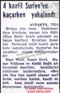 4 Katil Suriye’ye Kaçarken Yakalandı-21 Mayıs 1969-Milliyet/Four Murderers Captured While Fleeing to Syria – 21 May 1969