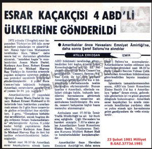 Esrar Kaçakçısı ABD’liler Ülkelerine Gönderildiler (Antakya Üçlüsü)-23 Şubat 1981-Milliyet/American Hashish Smugglers Deported to the United States (The Antioch Trio) — 23 February 1981