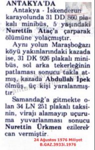Antakya’da Ölümlü Trafik Kazaları-24 Ağustos 1976-Milliyet/Fatal Traffic Accidents in Antakya – 24 August 1976