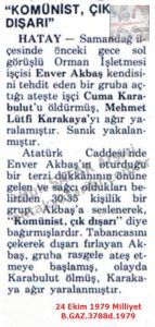 Samandağı’nda 1 Kişi Öldürüldü-24 Ekim 1979-Milliyet/One Person Killed in Samandağı — 24 October 1979