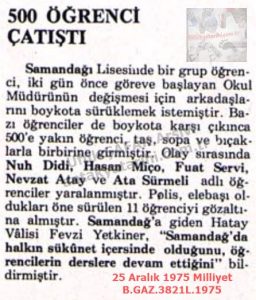 Samandağı Lisesinde Çatışma-25 Aralık 1975-Milliyet/Clash at Samandağı High School — 25 December 1975