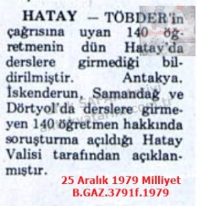 Hatay’da Öğretmenler Derslere Girmeyerek Eylem Yaptılar-25 Aralık 1979-Milliyet/Teachers in Hatay Boycotted Classes in Protest — 25 December 1979