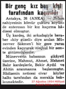 Bir Genç Kız Kaçırıldı-27 Ağustos 1954-Milliyet/A Young Girl Was Abducted — 27 August 1954