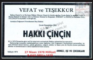 Dr. Hakkı ÇİNÇİN’in Vefatı-27 Nisan 1978-Milliyet/Death of Dr. Hakkı Çinçin – 27 April 1978