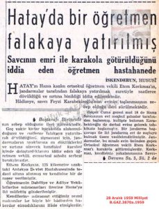 Hatay’da Bir Öğretmen Falakaya Yatırılmış-28 Aralık 1959-Milliyet/A Teacher Was Subjected to Bastinado in Hatay — 28 December 1959