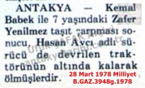 Antakya’da Ölümlü Trafik Kazaları-28 Mart 1978-Milliyet/Fatal Traffic Accidents in Antakya – 28 March 1978