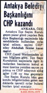 Antakya Belediye Başkanlığını CHP Kazandı-30 Mayıs 1974-Milliyet/CHP Won the Antakya Mayoral Election — 30 May 1974