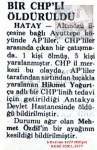 Altınözü’nde Bir CHP’li Öldürüldü-6 Haziran 1977-Milliyet/CHP Supporter Killed in Altınözü — 6 June 1977