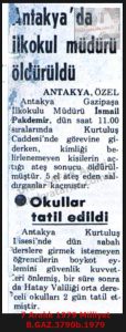 Antakya’da İlokul Müdürü Öldürüldü-7 Aralık 1979-Milliyet/Primary School Principal Killed in Antakya — 7 December 1979