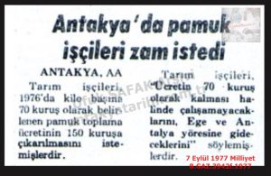 Antakya’da Pamuk İşçileri Zam İstedi-7 Eylül 1977-Milliyet/Cotton Workers in Antakya Demanded a Wage Increase – 7 September 1977