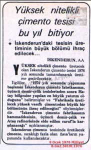 İskenderun’da Çimento Üretim Tesisi Açılıyor-9 Ocak 1976-Milliyet/Cement Production Plant to Open in İskenderun — 9 January 1976