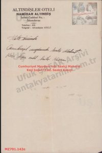 Altındişler Oteli Antetli Kağıt-1950 li Yıllar